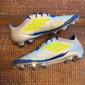 adidas Silver and Blue Soccer Cleats with Neon Yellow Accents. CrazyFast F50